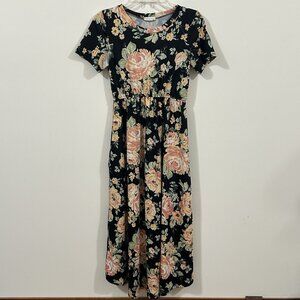 Flamingo Urban Women Black Floral Knit Round Neck Short Sleeve Maxi Dress SMALL